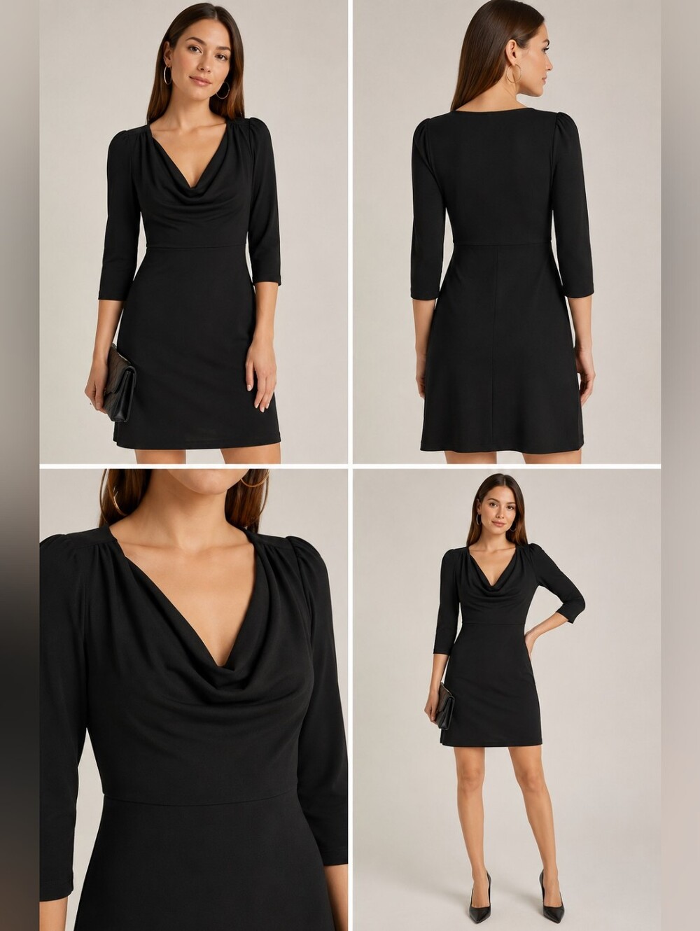 J. Crew Womens Dress Black Small Cotton Blend 3/4 Sleeves Drape Cowl Neck Office